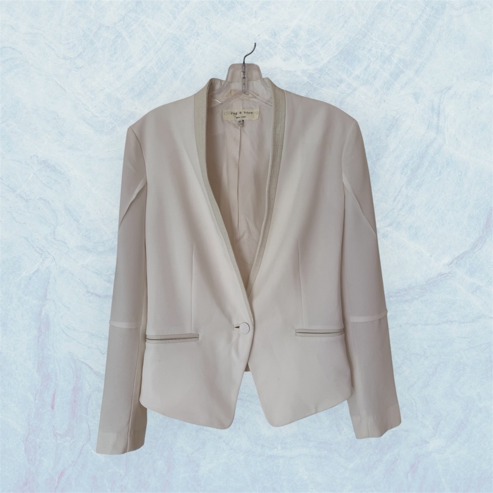 Rag and Bone White Pascal Blazer with Leather Trim on pockets and lapel. Sz 6 - Picture 1 of 14